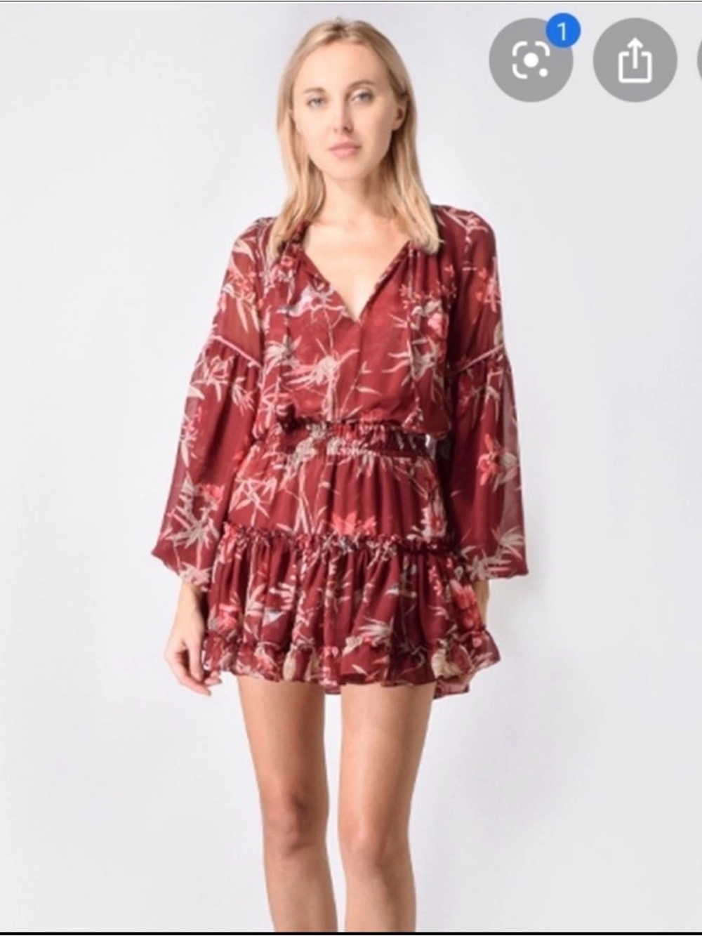 MISA Los Angeles Burgundy Floral Bird Mini Dress Boho Peasant Ruffle Size M